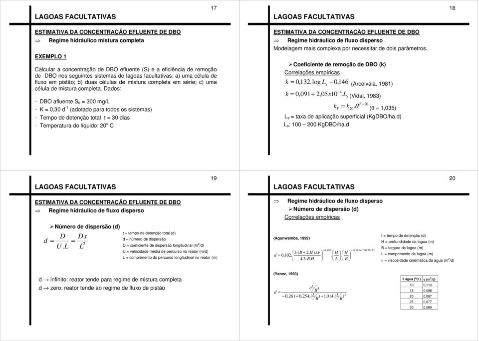 Dados: - DBO afluente S 0 = 300 mg/l - K = 0,30 d -1 (adotado para todos os sistemas) - Tempo de detenção total t = 30 dias - Temperatura do líquido: 20 o C Regime hidráulico de fluxo disperso