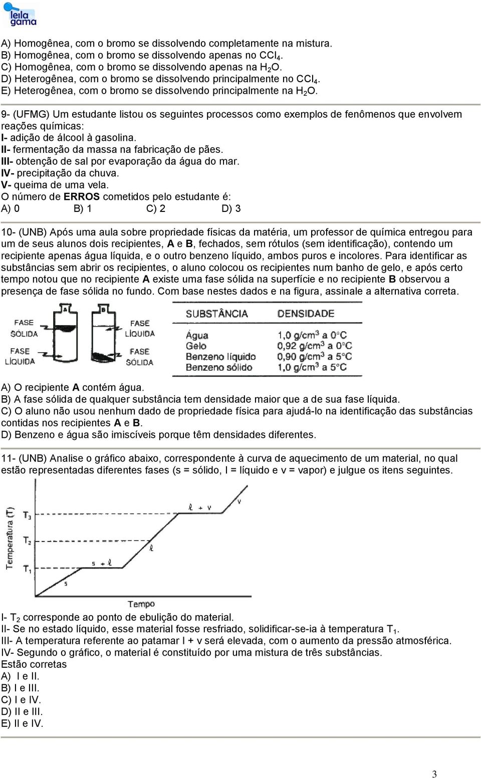 9- (UFMG) Um estudante listou os seguintes processos como exemplos de fenômenos que envolvem reações químicas: I- adição de álcool à gasolina. II- fermentação da massa na fabricação de pães.