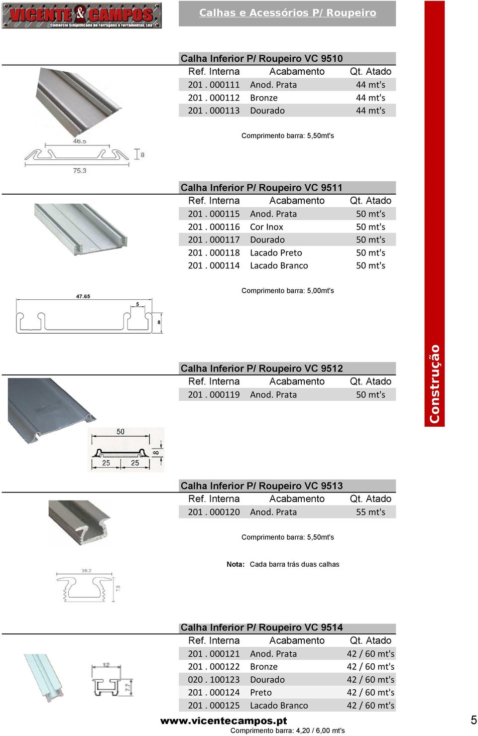 000114 Lacado Branco 50 mt's Comprimento barra: 5,00mt's Calha Inferior P/ Roupeiro VC 9512 201. 000119 Anod. Prata 50 mt's Calha Inferior P/ Roupeiro VC 9513 201. 000120 Anod.