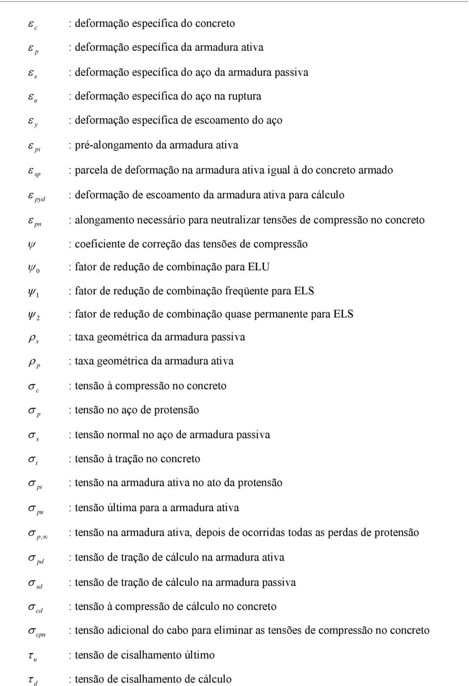 na armadura ativa igual à do concreto armado : deformação de escoamento da armadura ativa para cálculo : alongamento necessário para neutralizar tensões de compressão no concreto : coeficiente de