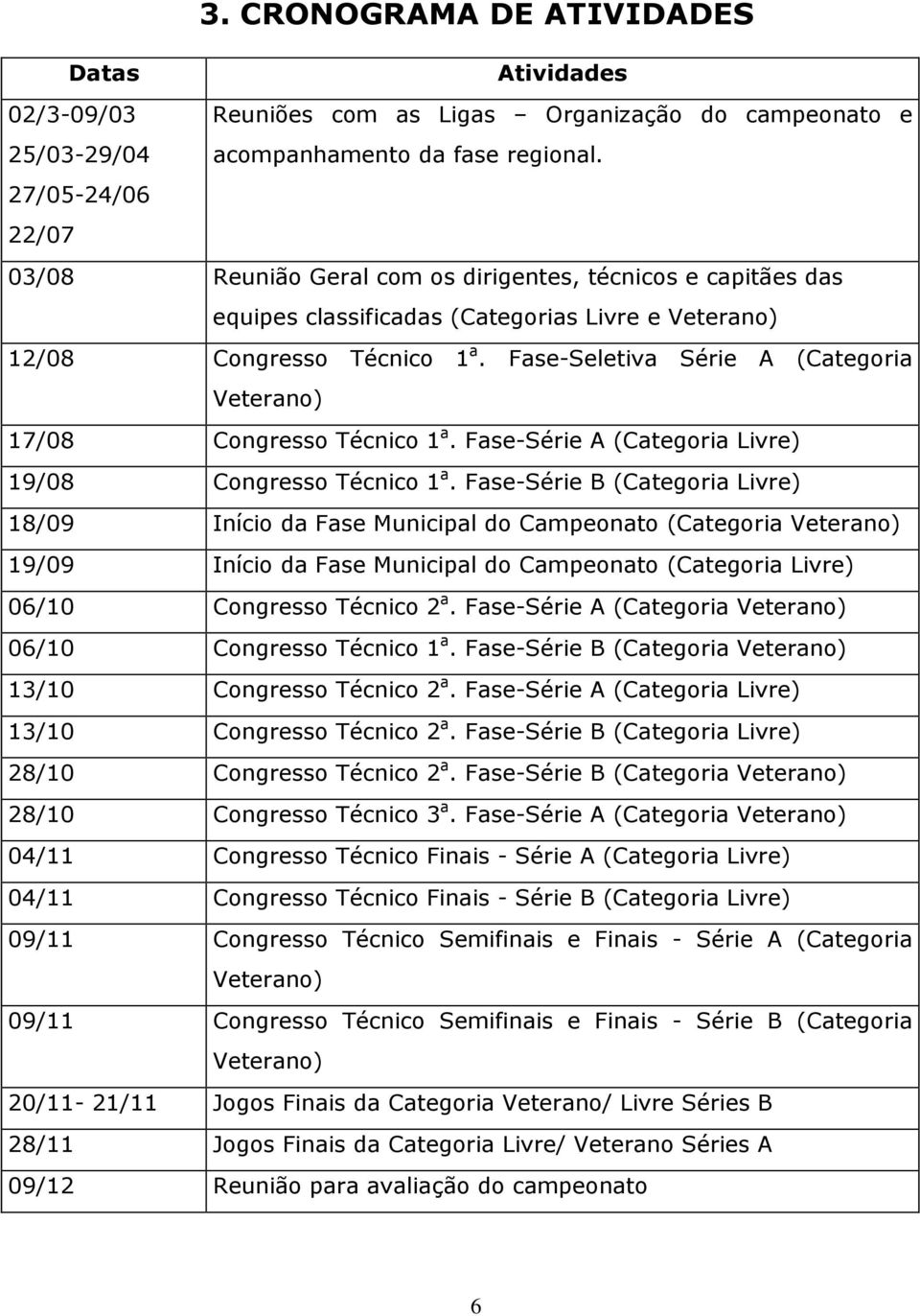 Fase-Seletiva Série A (Categoria Veterano) 17/08 Congresso Técnico 1 a. Fase-Série A (Categoria Livre) 19/08 Congresso Técnico 1 a.