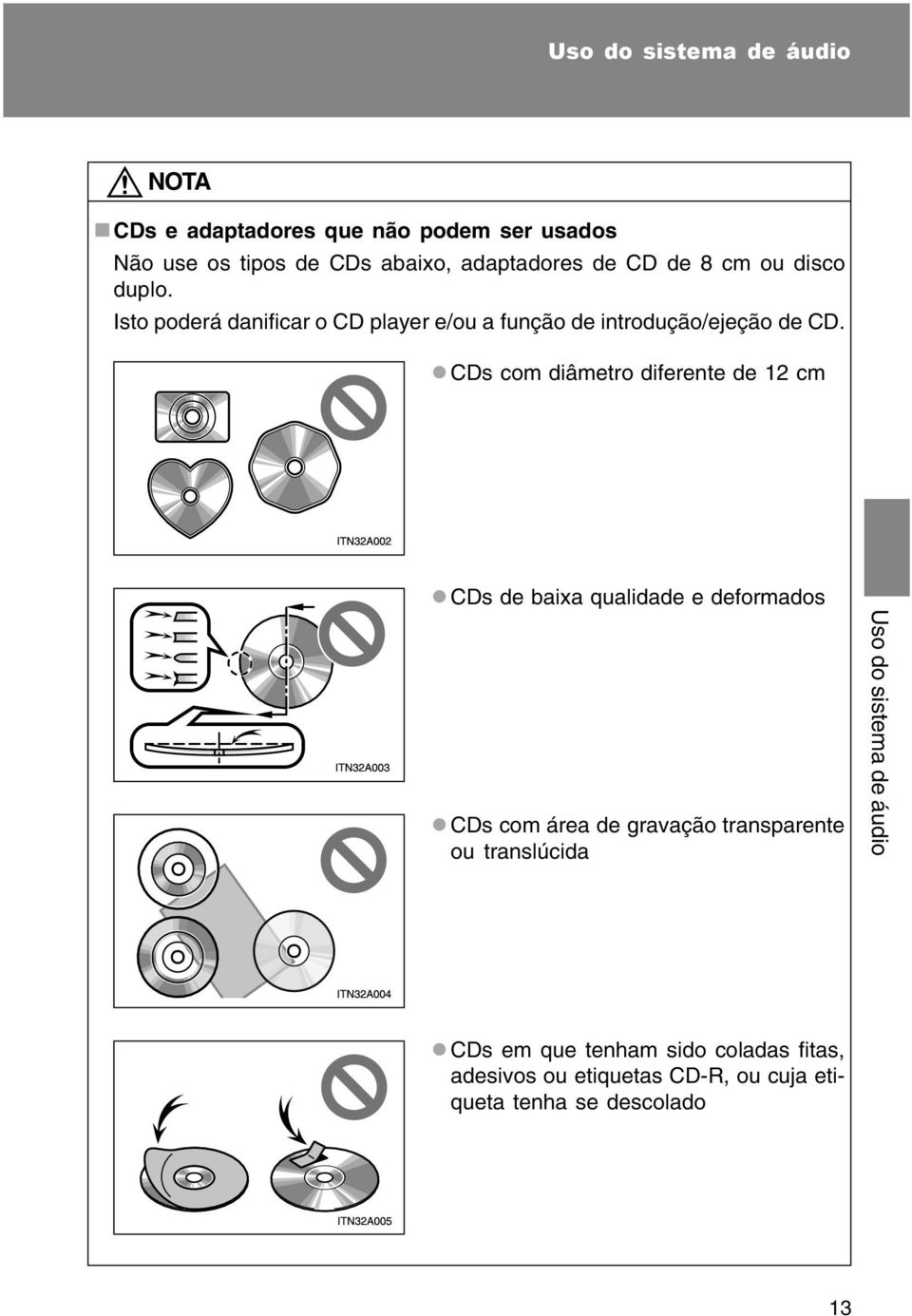 CDs com diâmetro diferente de 12 cm CDs de baixa qualidade e deformados CDs com área de gravação