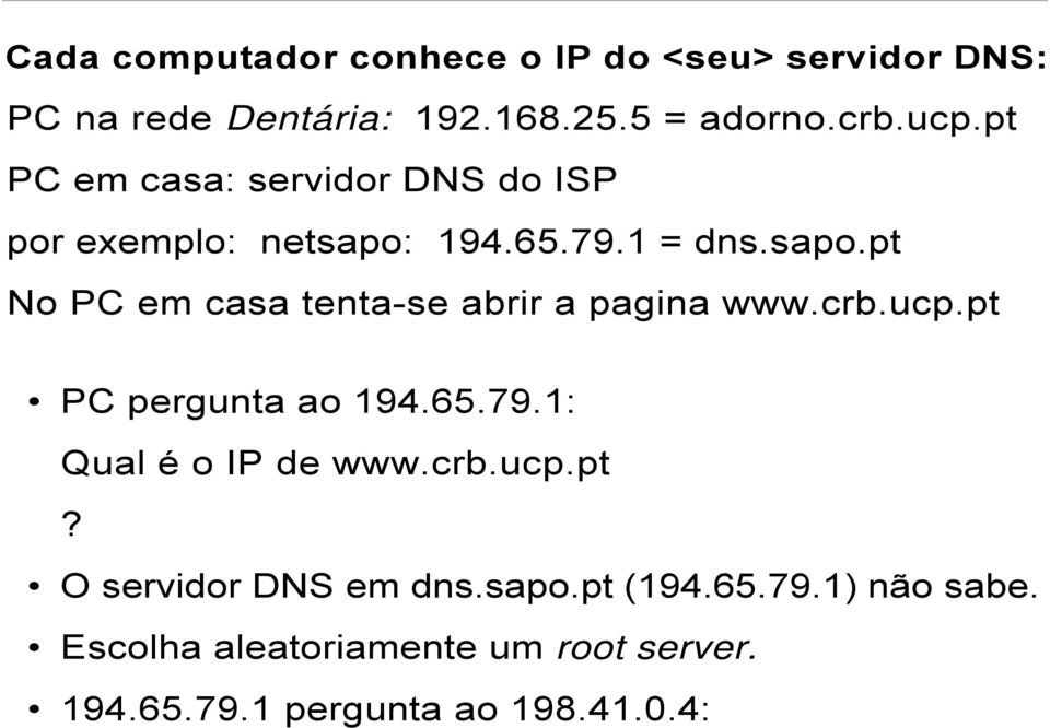 crb.ucp.pt PC pergunta ao 194.65.79.1: Qual é o IP de www.crb.ucp.pt? O servidor DNS em dns.sapo.pt (194.