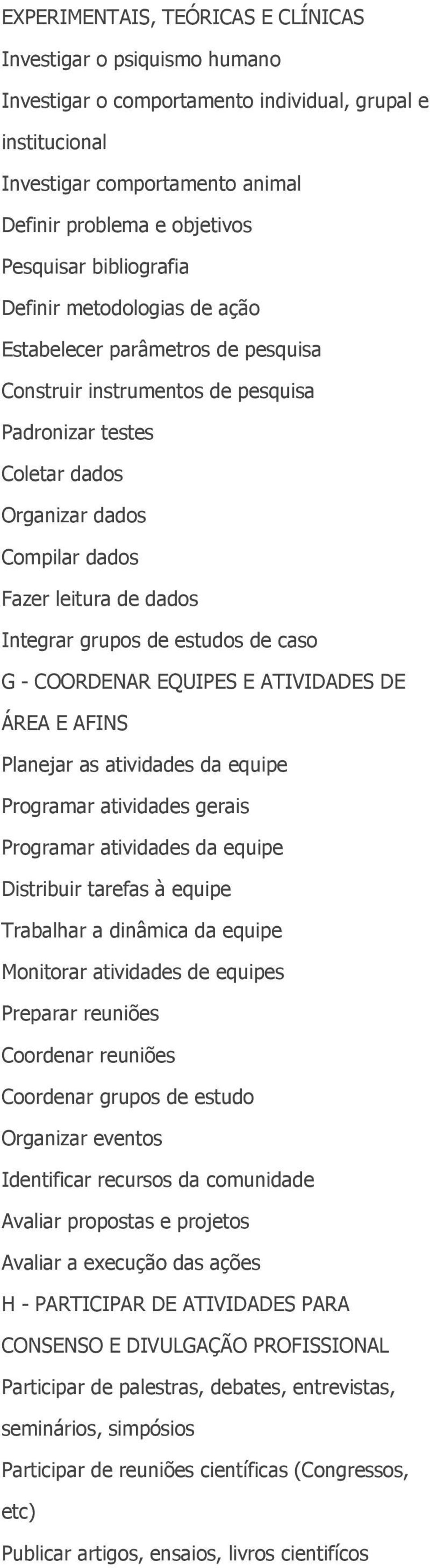 Integrar grupos de estudos de caso G - COORDENAR EQUIPES E ATIVIDADES DE ÁREA E AFINS Planejar as atividades da equipe Programar atividades gerais Programar atividades da equipe Distribuir tarefas à