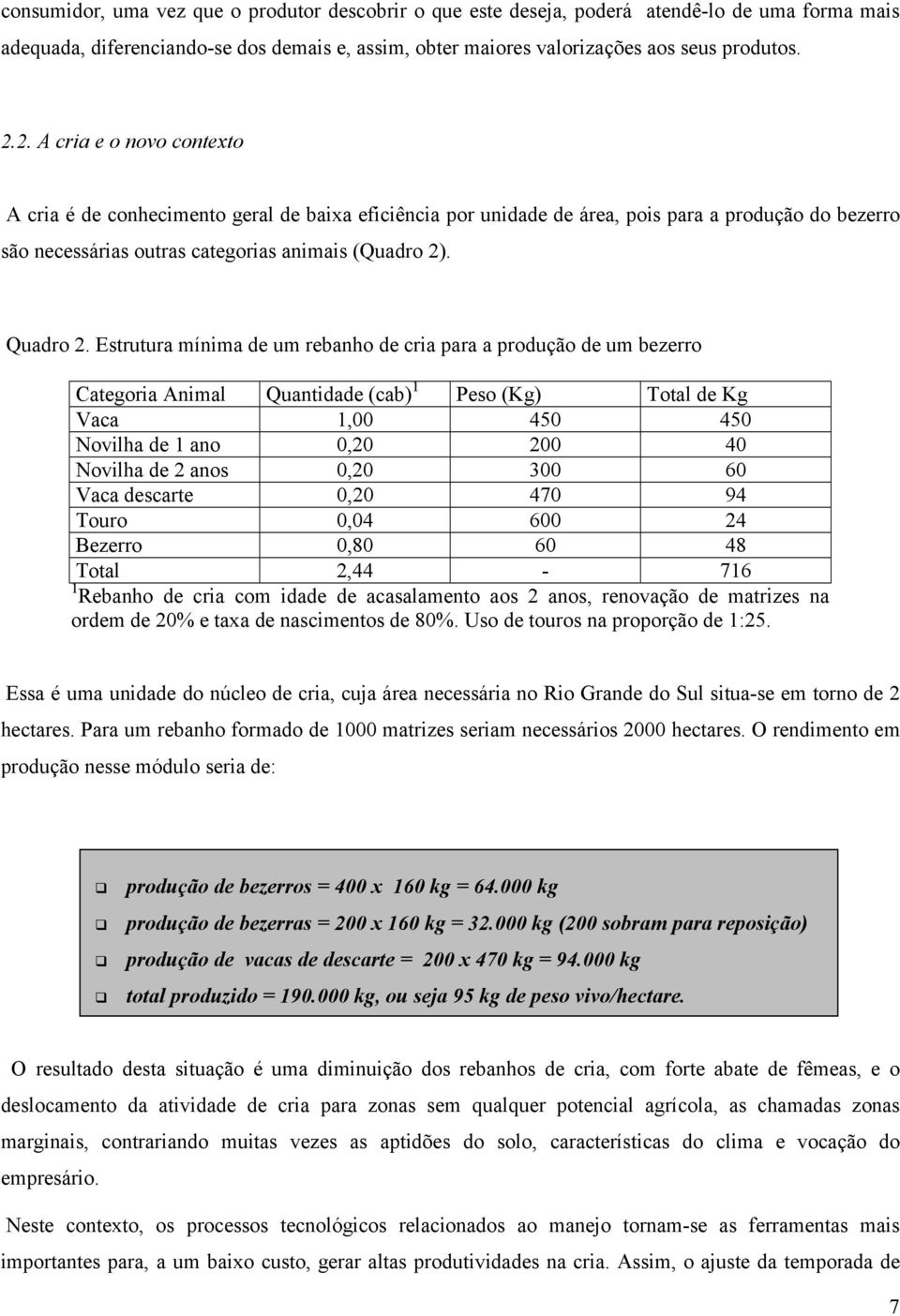 Estrutura mínima de um rebanho de cria para a produção de um bezerro Categoria Animal Quantidade (cab) 1 Peso (Kg) Total de Kg Vaca 1,00 450 450 Novilha de 1 ano 0,20 200 40 Novilha de 2 anos 0,20