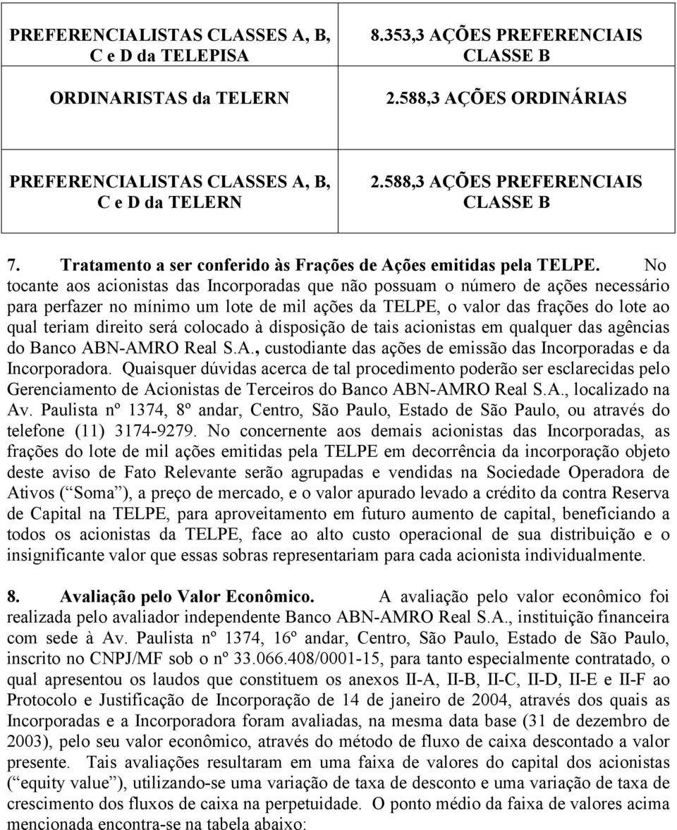 No tocante aos acionistas das Incorporadas que não possuam o número de ações necessário para perfazer no mínimo um lote de mil ações da TELPE, o valor das frações do lote ao qual teriam direito será