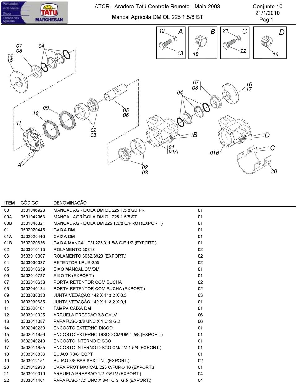 ) 0513 ROLMENTO 3 0500 ROLMENTO 3982/3920 (EXPORT.) 05 RETENTOR LP J-255 05 0539 EIXO MNCL CM/DM 0537 EIXO TK (EXPORT.) 0533 PORT RETENTOR COM UCH 0524 PORT RETENTOR COM UCH (EXPORT.