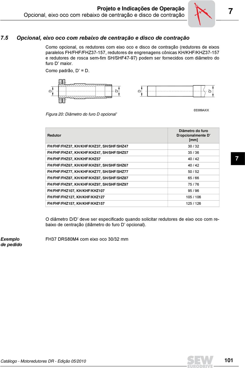 cônicas KH/KHF/KHZ3-15 e redutores de rosca sem-fim SH/SHF4-9) podem ser fornecidos com diâmetro do furo D maior. Como padrão, D = D.