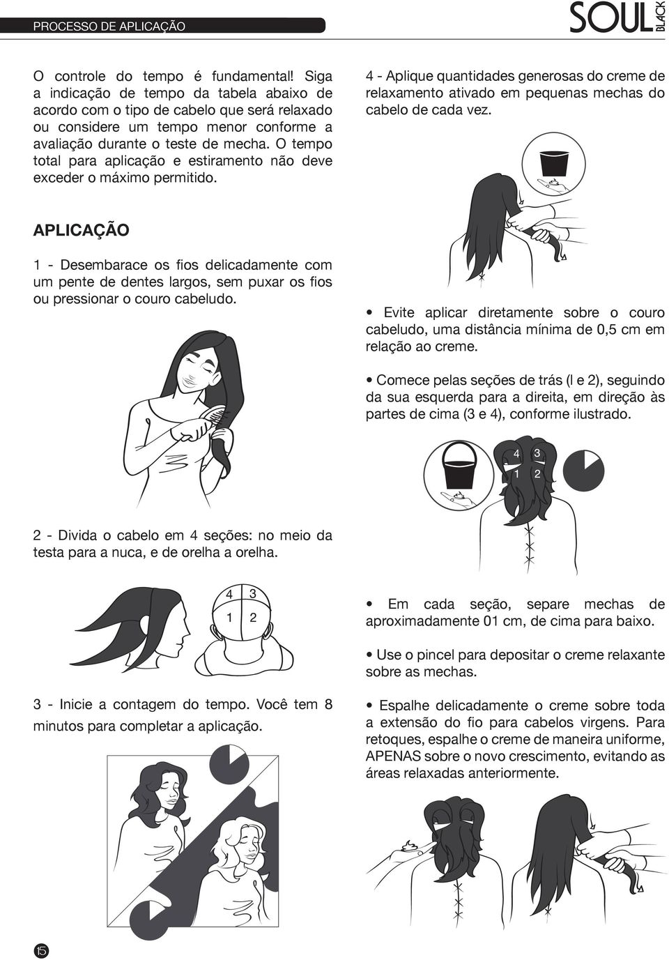 O tempo total para aplicação e estiramento não deve exceder o máximo permitido. 4 - Aplique quantidades generosas do creme de relaxamento ativado em pequenas mechas do cabelo de cada vez.