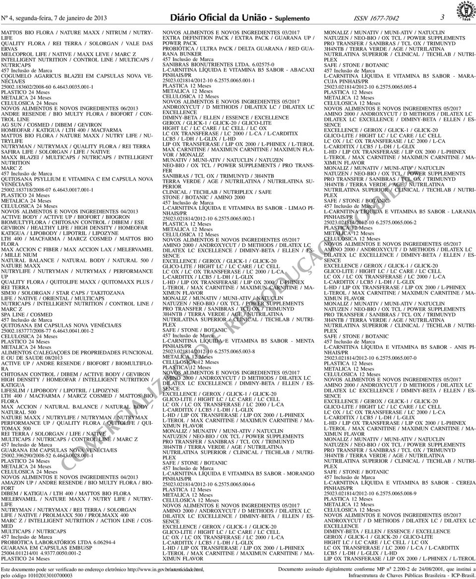 NOVOS INGREDIENTES 06/2013 ANDRE RESENDE / BIO MULTY FLORA / BIOFORT / CON- TROL LINE AG SUN / COSMED / DIBEM / GEVIRON HOMEOFAR / KATIGUA / LTH 400 / MACFARMA MATS BIO FLORA / NATURE MAXX / NUTRY