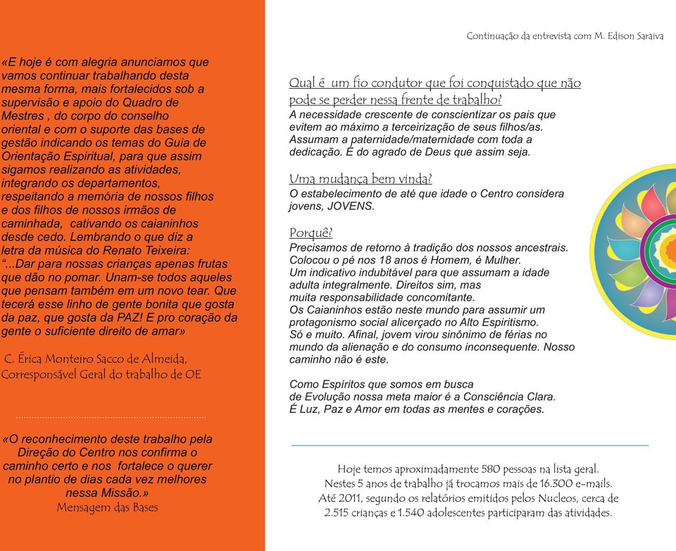 o suporte das bases de gestão indicando os temas do Guia de Orientação Espiritual, para que assim sigamos realizando as atividades, integrando os departamentos, respeitando a memória de nossos filhos