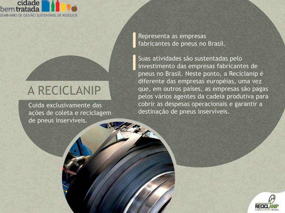 Suas atividades são sustentadas pelo investimento das empresas fabricantes de pneus no Brasil.