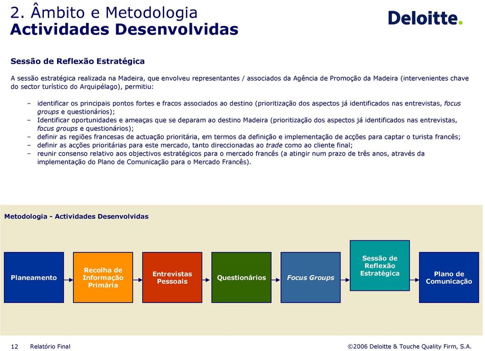 entrevistas, focus groups e questionários); Identificar oportunidades e ameaças que se deparam ao destino Madeira (prioritização dos aspectos já identificados nas entrevistas, focus groups e