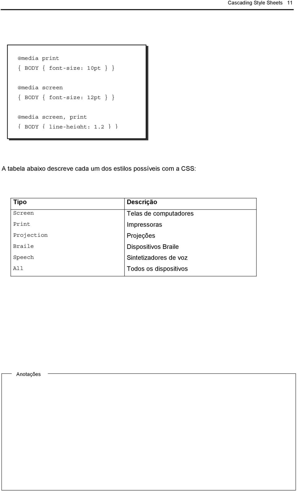 2 } } A tabela abaixo descreve cada um dos estilos possíveis com a CSS: Tipo Screen Print Projection