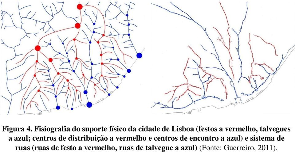 vermelho, talvegues a azul; centros de distribuição a vermelho e