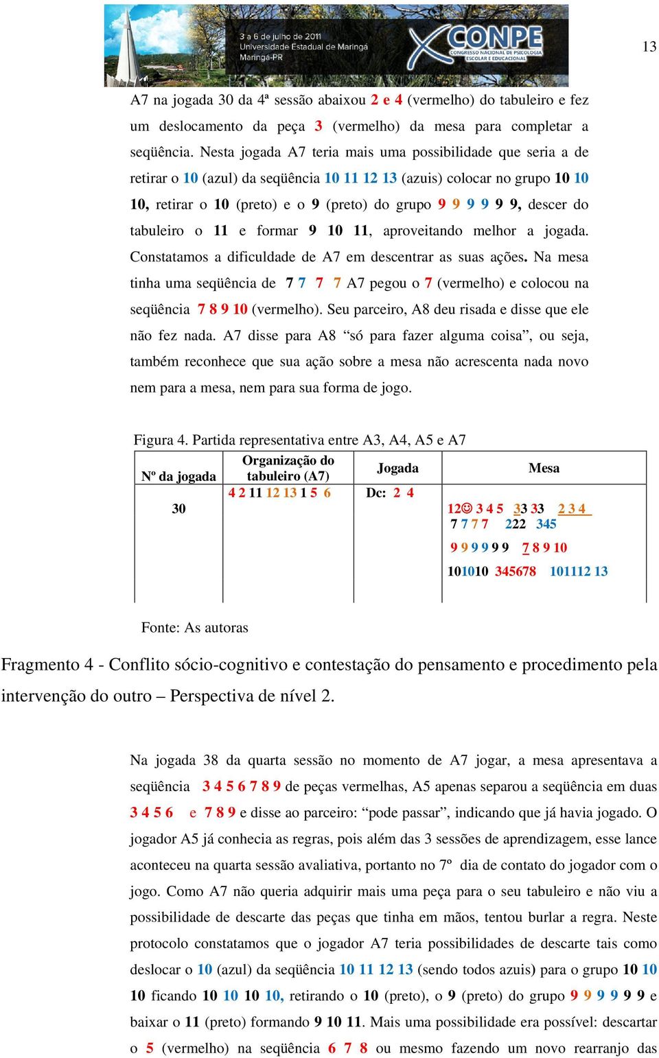 descer do tabuleiro o 11 e formar 9 10 11, aproveitando melhor a jogada. Constatamos a dificuldade de A7 em descentrar as suas ações.