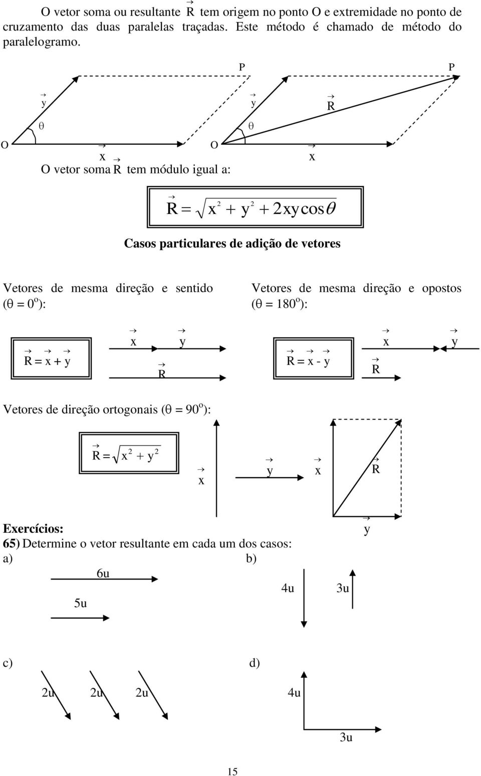 P P y y R O x O x O vetor soma R tem módulo igual a: R x 2 y 2 2xycos Casos particulares de adição de vetores Vetores de mesma direção e