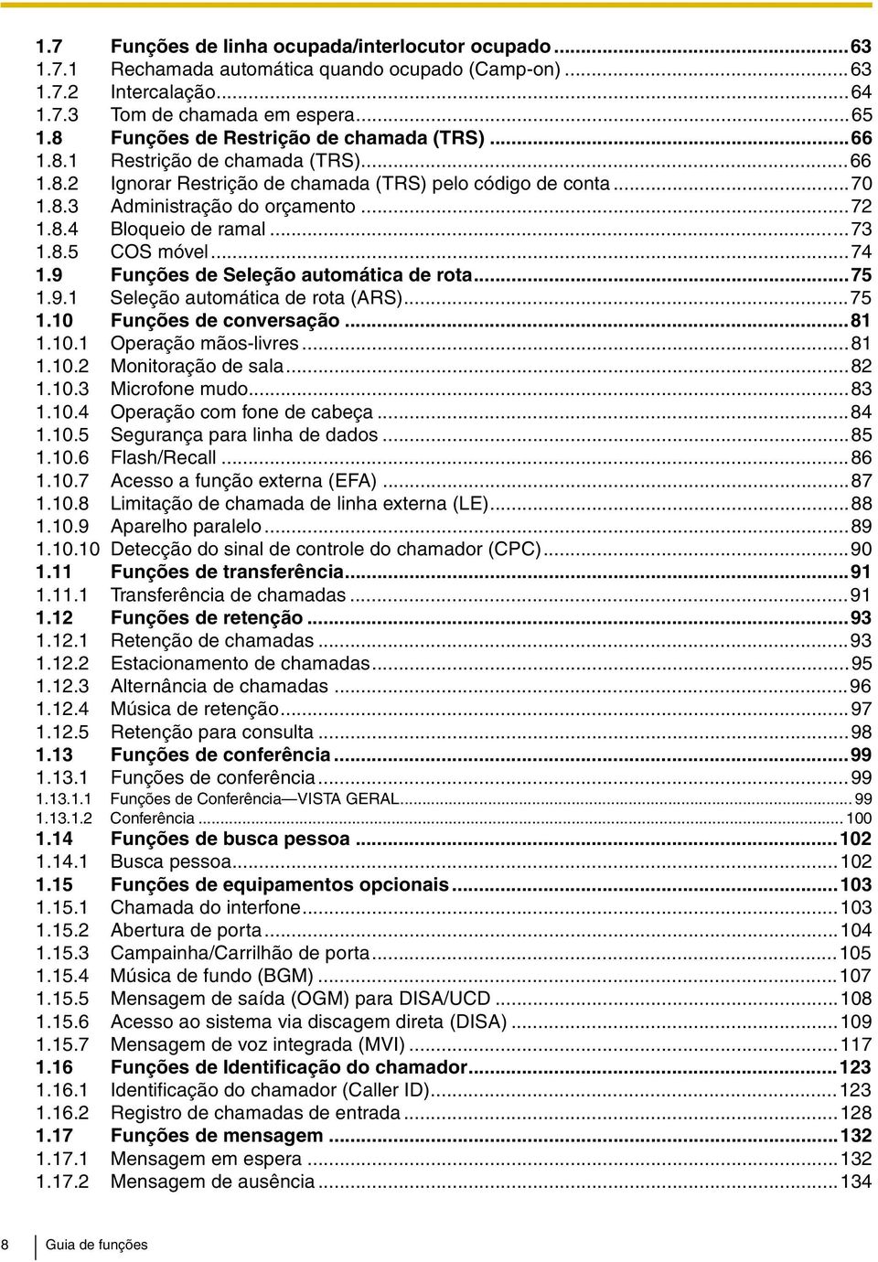 ..73 1.8.5 COS móvel...74 1.9 Funções de Seleção automática de rota...75 1.9.1 Seleção automática de rota (ARS)...75 1.10 Funções de conversação...81 1.10.1 Operação mãos-livres...81 1.10.2 Monitoração de sala.