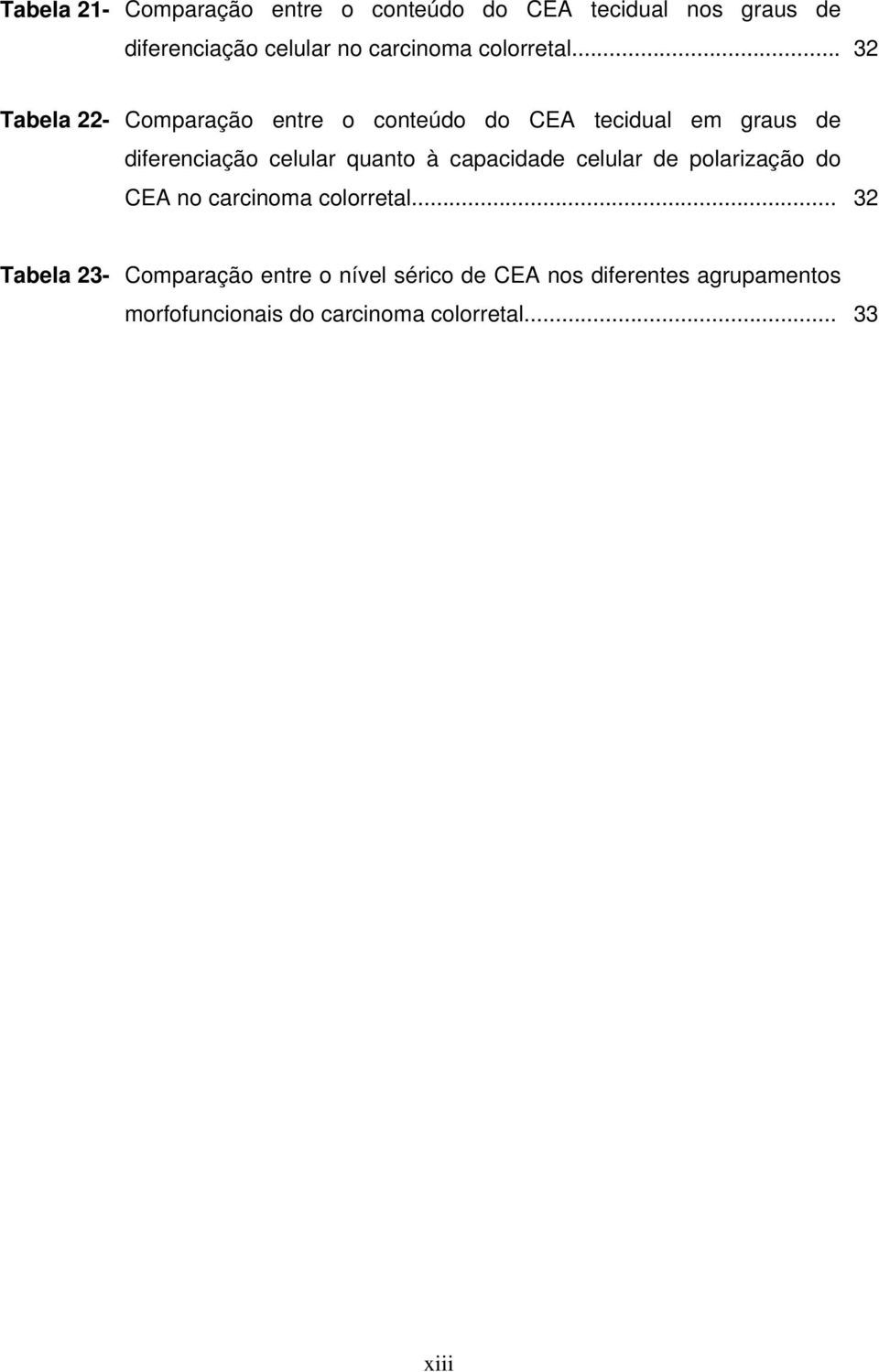 .. 32 Tabela 22- Comparação entre o conteúdo do CEA tecidual em graus de diferenciação celular quanto à