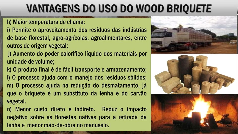 l) O processo ajuda com o manejo dos resíduos sólidos; m) O processo ajuda na redução do desmatamento, já que o briquete é um substituto da lenha e do