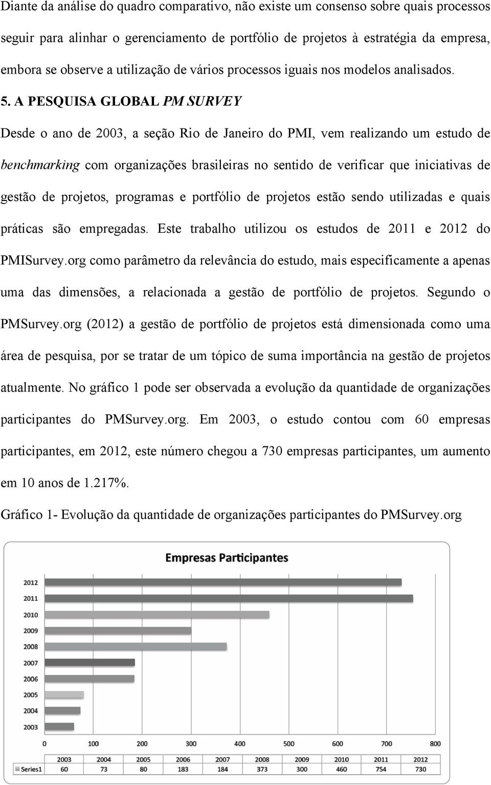 A PESQUISA GLOBAL PM SURVEY Desde o ano de 2003, a seção Rio de Janeiro do PMI, vem realizando um estudo de benchmarking com organizações brasileiras no sentido de verificar que iniciativas de gestão