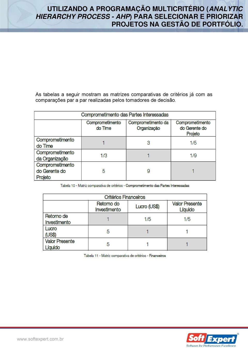 critérios já com as comparações