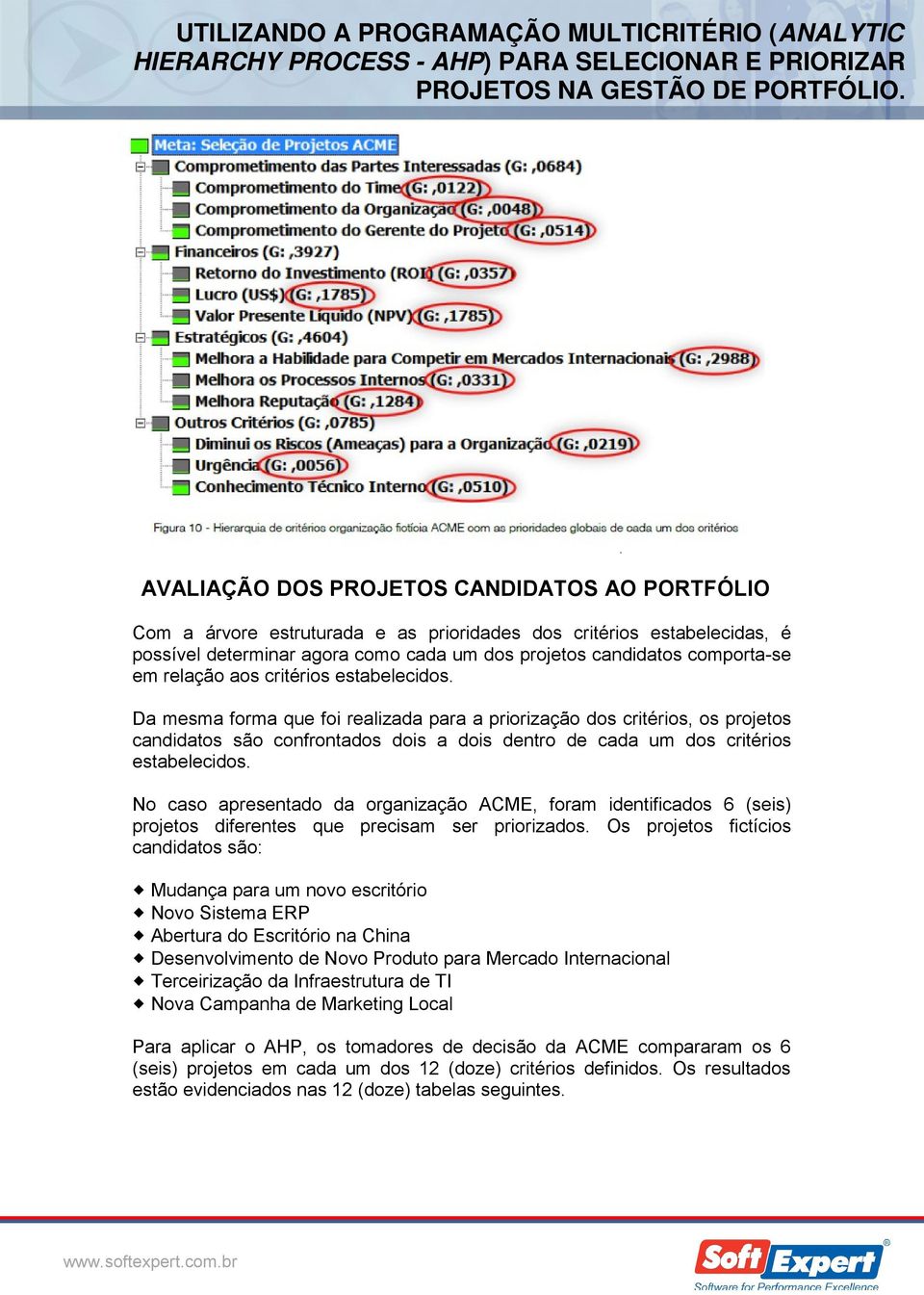 Da mesma forma que foi realizada para a priorização dos critérios, os projetos candidatos são confrontados dois a dois dentro de cada um dos critérios estabelecidos.