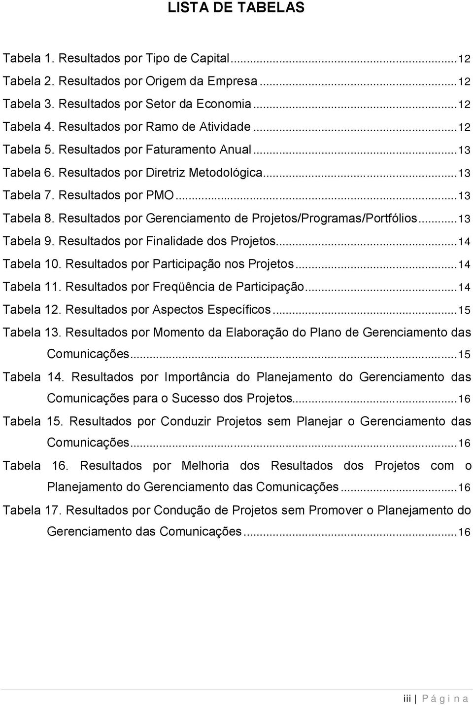 Resultados por Gerenciamento de Projetos/Programas/Portfólios... 13 Tabela 9. Resultados por Finalidade dos Projetos... 14 Tabela 10. Resultados por Participação nos Projetos... 14 Tabela 11.