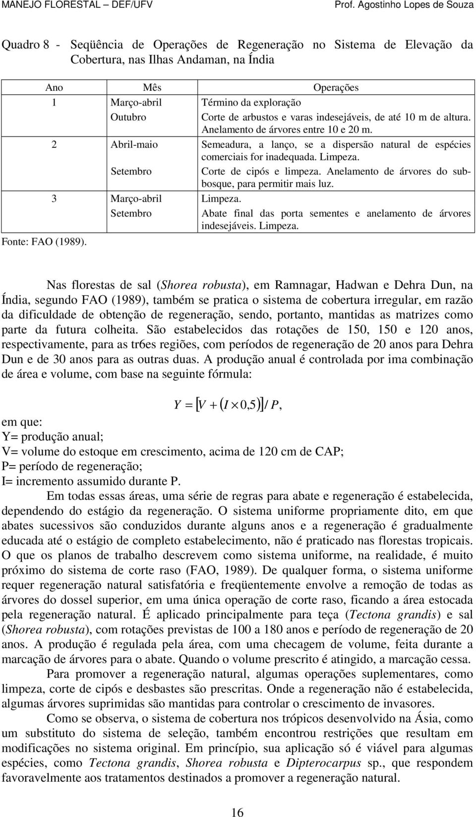 Setembro Corte de cipós e limpeza. Anelamento de árvores do subbosque, para permitir mais luz. 3 Março-abril Limpeza. Setembro Abate final das porta sementes e anelamento de árvores indesejáveis.