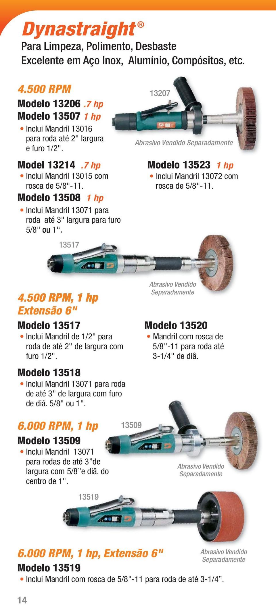Modelo 13508 1 hp Inclui Mandril 13071 para roda até 3" largura para furo 5/8" ou 1". 13517 13207 Abrasivo Vendido Modelo 13523 1 hp Inclui Mandril 13072 com rosca de 5/8"-11. 4.