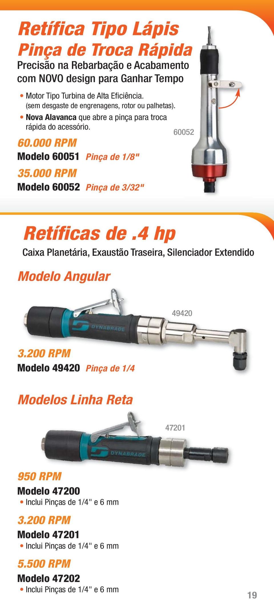 000 RPM Modelo 60052 Pinça de 3/32" 60052 Retíficas de.4 hp Caixa Planetária, Exaustão Traseira, Silenciador Extendido Modelo Angular 49420 3.