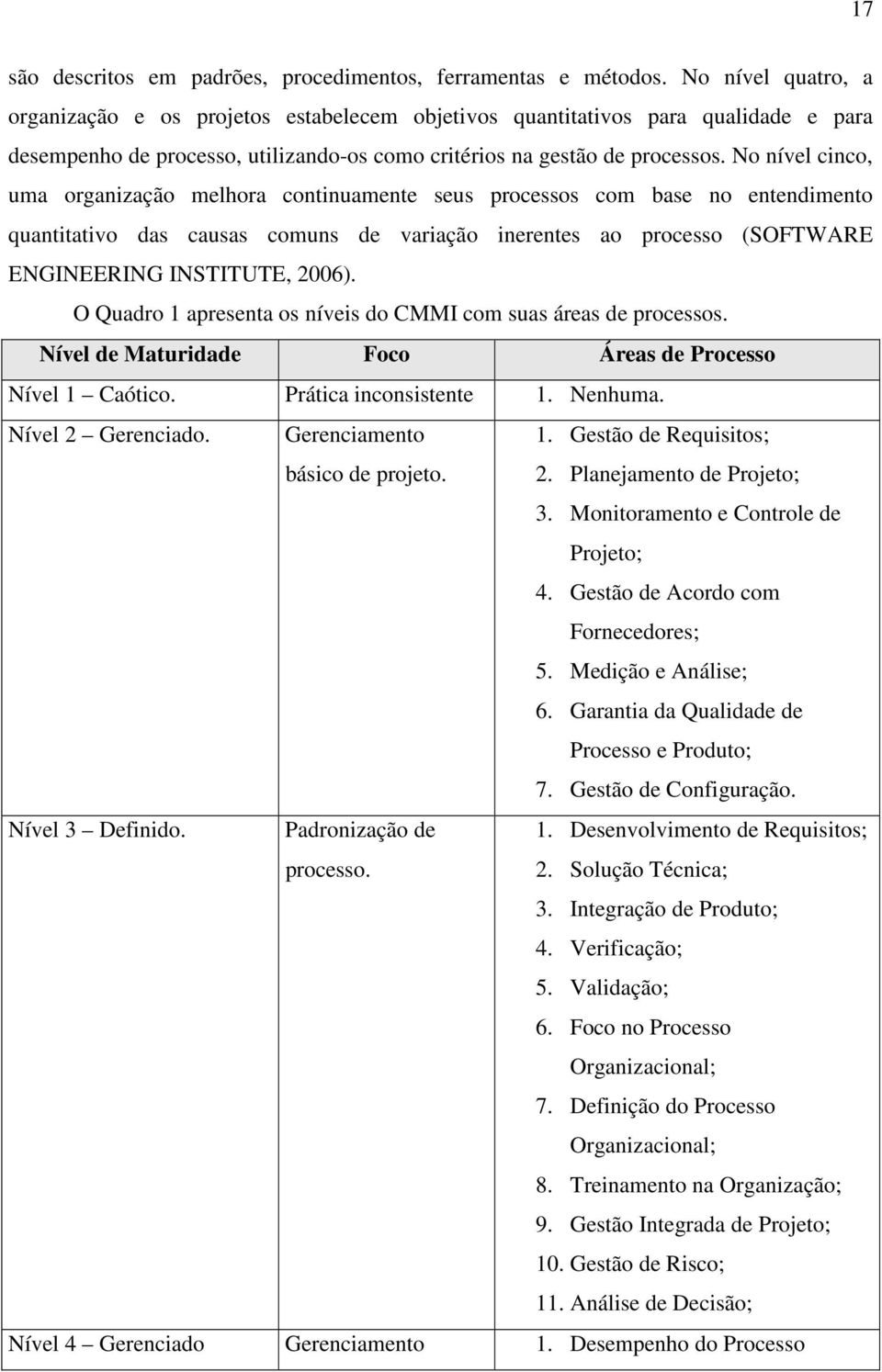 No nível cinco, uma organização melhora continuamente seus processos com base no entendimento quantitativo das causas comuns de variação inerentes ao processo (SOFTWARE ENGINEERING INSTITUTE, 2006).