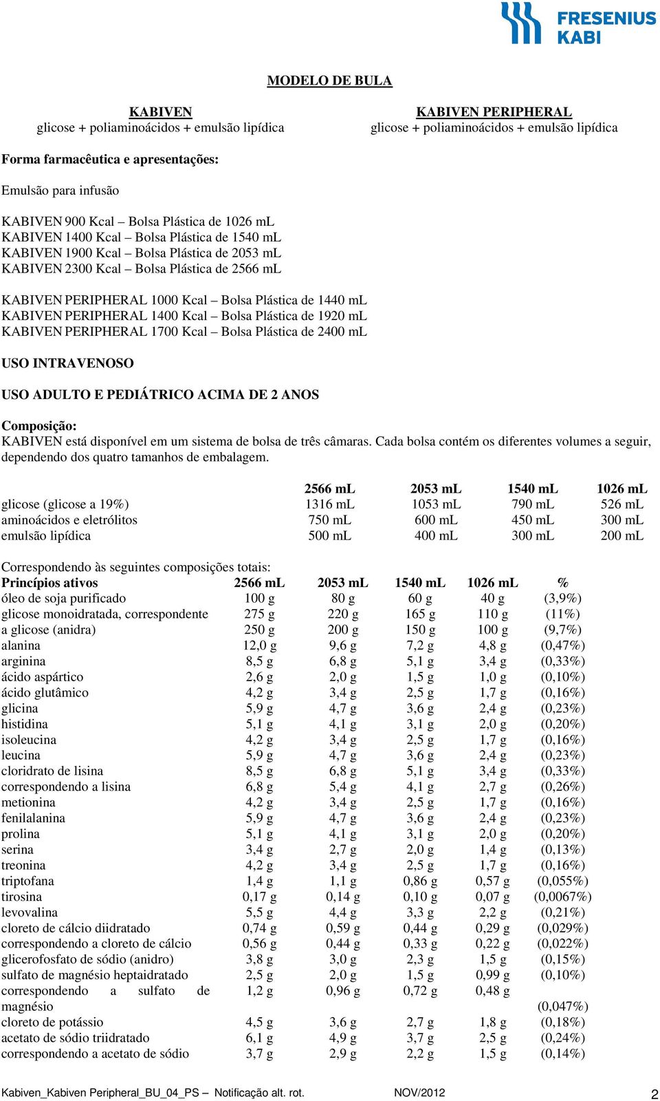 Bolsa Plástica de 1440 ml KABIVEN PERIPHERAL 1400 Kcal Bolsa Plástica de 1920 ml KABIVEN PERIPHERAL 1700 Kcal Bolsa Plástica de 2400 ml USO INTRAVENOSO USO ADULTO E PEDIÁTRICO ACIMA DE 2 ANOS