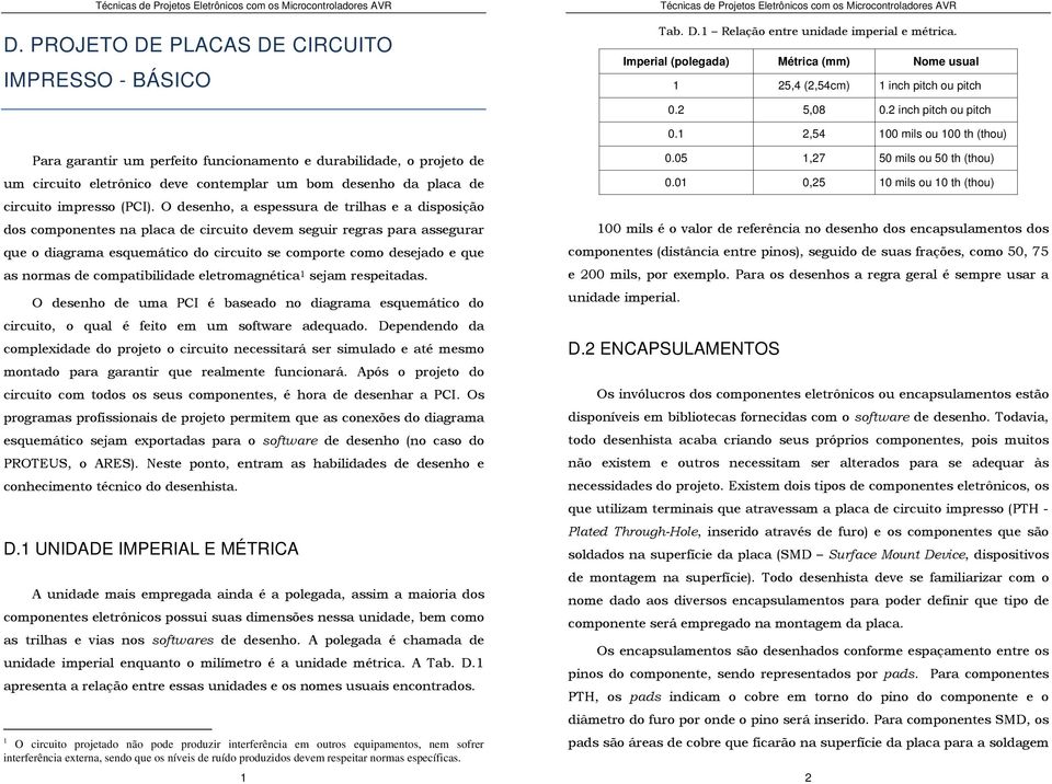 1 2,54 100 mils ou 100 th (thou) Para garantir um perfeito funcionamento e durabilidade, o projeto de um circuito eletrônico deve contemplar um bom desenho da placa de circuito impresso (PCI).