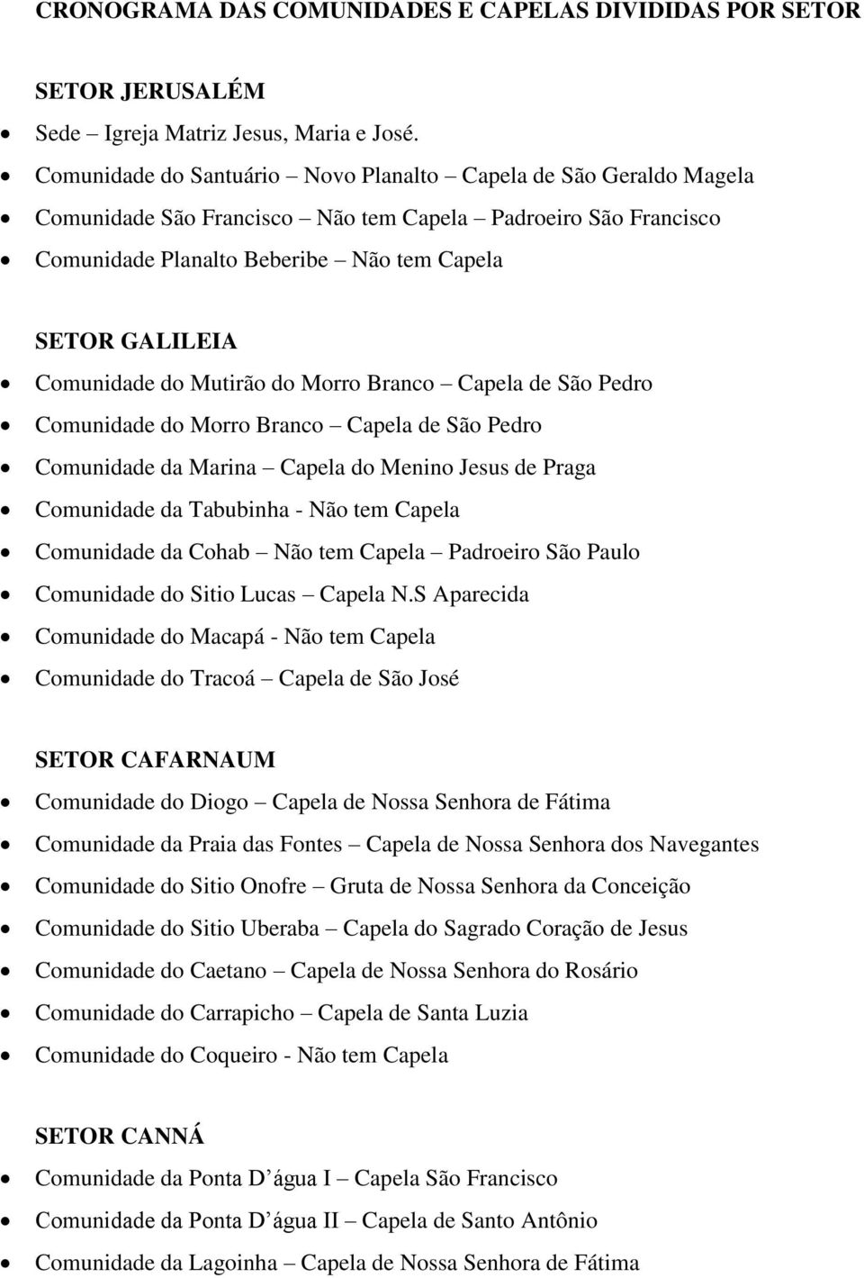 Comunidade do Mutirão do Morro Branco Capela de São Pedro Comunidade do Morro Branco Capela de São Pedro Comunidade da Marina Capela do Menino Jesus de Praga Comunidade da Tabubinha - Não tem Capela