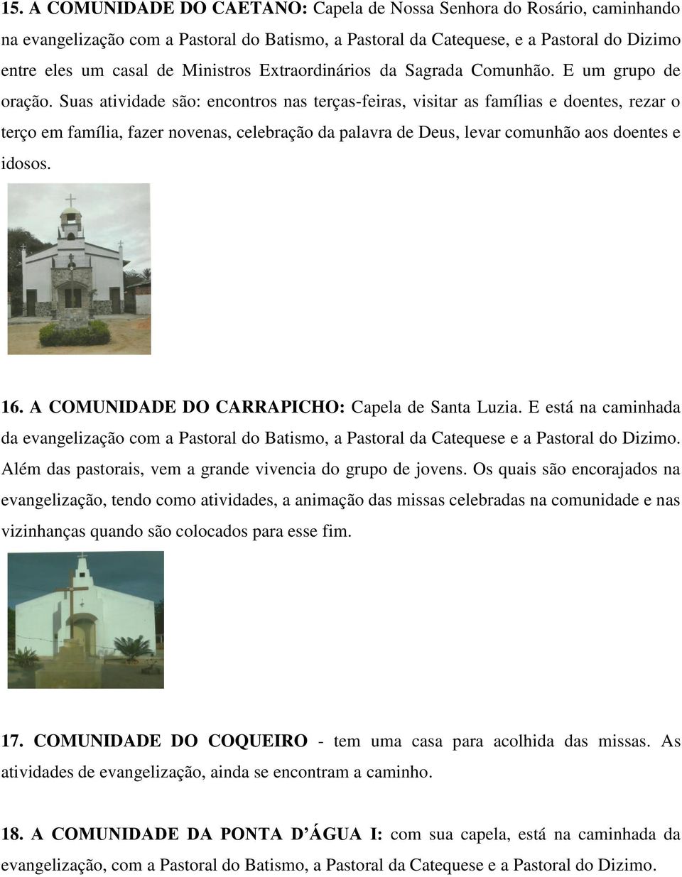 Suas atividade são: encontros nas terças-feiras, visitar as famílias e doentes, rezar o terço em família, fazer novenas, celebração da palavra de Deus, levar comunhão aos doentes e idosos. 16.