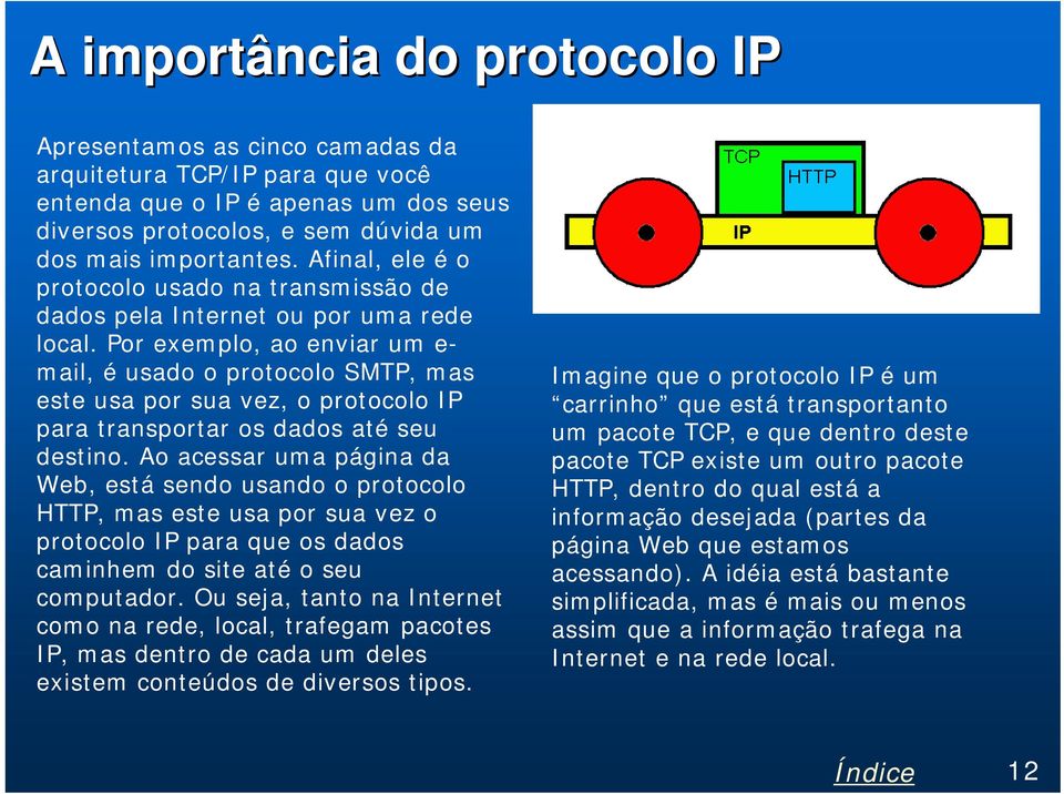 Por exemplo, ao enviar um e- mail, é usado o protocolo SMTP, mas este usa por sua vez, o protocolo IP para transportar os dados até seu destino.