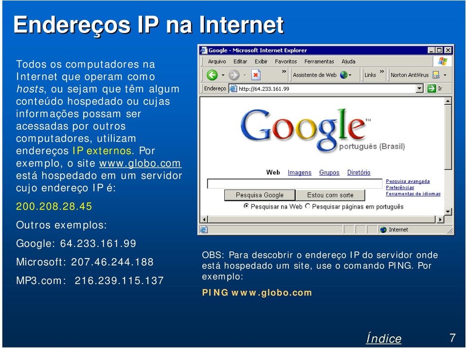 com está hospedado em um servidor cujo endereço IP é: 200.208.28.45 Outros exemplos: Google: 64.233.161.99 Microsoft: 207.46.244.