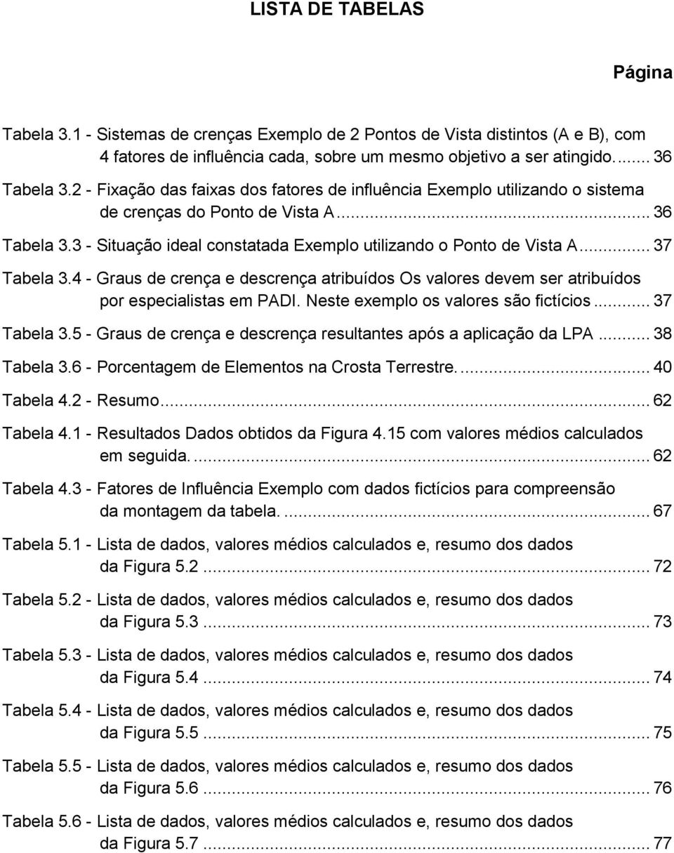 .. 37 Tabela 3.4 - Graus de crença e descrença atribuídos Os valores devem ser atribuídos por especialistas em PADI. Neste exemplo os valores são fictícios... 37 Tabela 3.5 - Graus de crença e descrença resultantes após a aplicação da LPA.