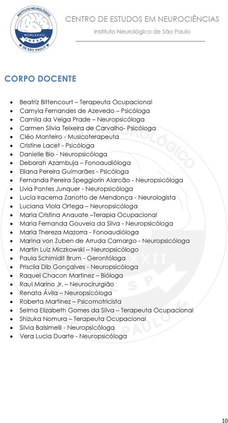 Pontes Junquer - Neuropsicóloga Lucia Iracema Zanotto de Mendonça - Neurologista Luciana Viola Ortega Neuropsicóloga Maria Cristina Anauate Terapia Ocupacional Maria Fernanda Gouveia da Silva -