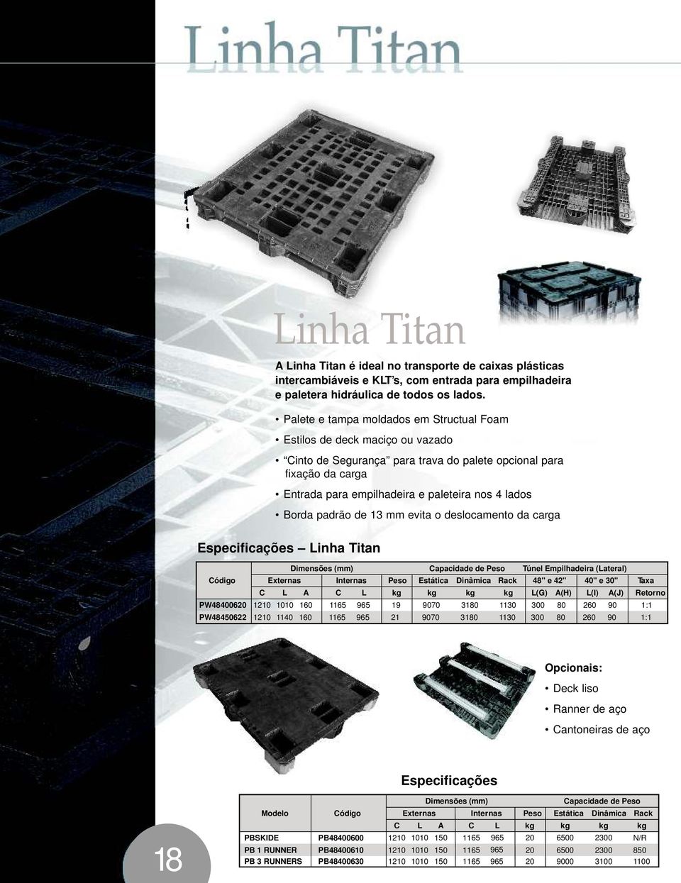 Borda padrão de 13 mm evita o deslocamento da carga Especificações Linha Titan Dimensões (mm) Capacidade de Peso Túnel Empilhadeira (Lateral) Código Externas Internas Peso Estática Dinâmica Rack 48"