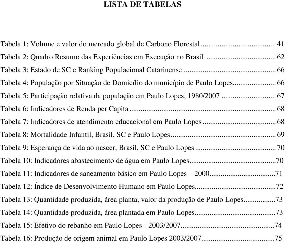 .. 66 Tabela 5: Participação relativa da população em Paulo Lopes, 1980/2007... 67 Tabela 6: Indicadores de Renda per Capita... 68 Tabela 7: Indicadores de atendimento educacional em Paulo Lopes.