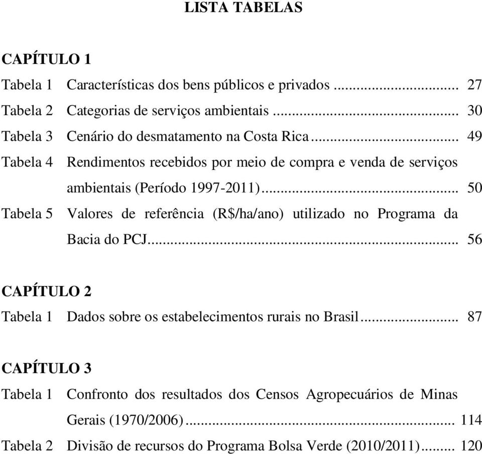 .. 50 Tabela 5 Valores de referência (R$/ha/ano) utilizado no Programa da Bacia do PCJ.