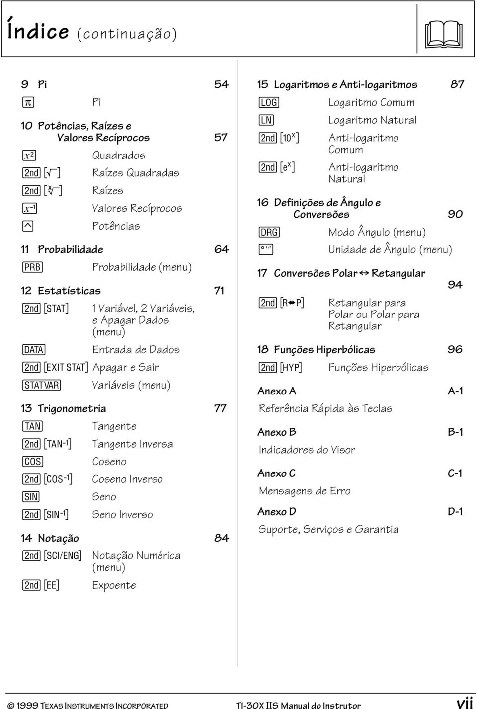 Coseno % [ Coseno Inverso > Seno % Z Seno Inverso 14 Notação 84 % d Notação Numérica (menu) % C Expoente 15 Logaritmos e Anti-logaritmos 87 A Logaritmo Comum B Logaritmo Natural % ] Anti-logaritmo