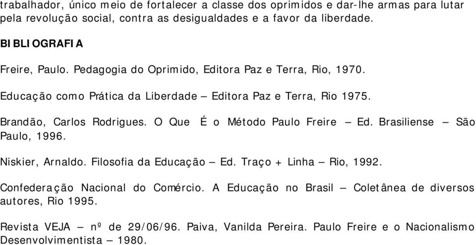 Brandão, Carlos Rodrigues. O Que É o Método Paulo Freire Ed. Brasiliense São Paulo, 1996. Niskier, Arnaldo. Filosofia da Educação Ed. Traço + Linha Rio, 1992.
