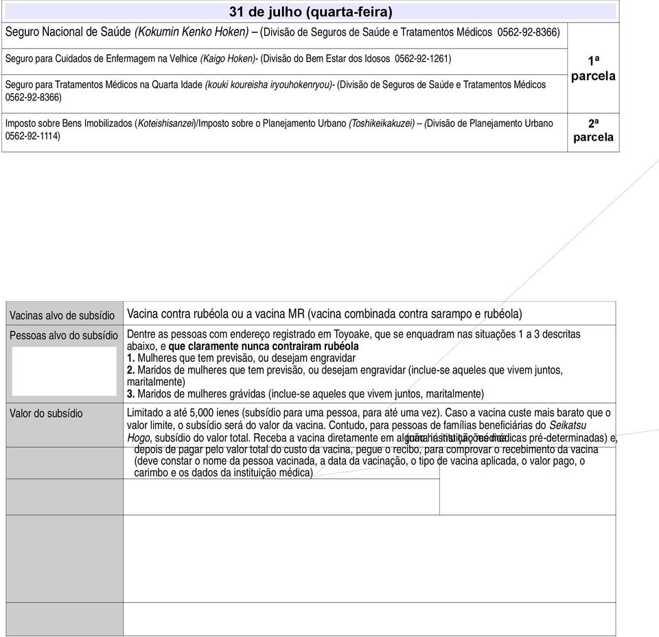 Seguro para Tratamentos Médicos na Quarta Idade (kouki koureisha iryouhokenryou)- (Divisão de Seguros de Saúde e Tratamentos Médicos 0562-92-8366) Imposto sobre Bens Imobilizados