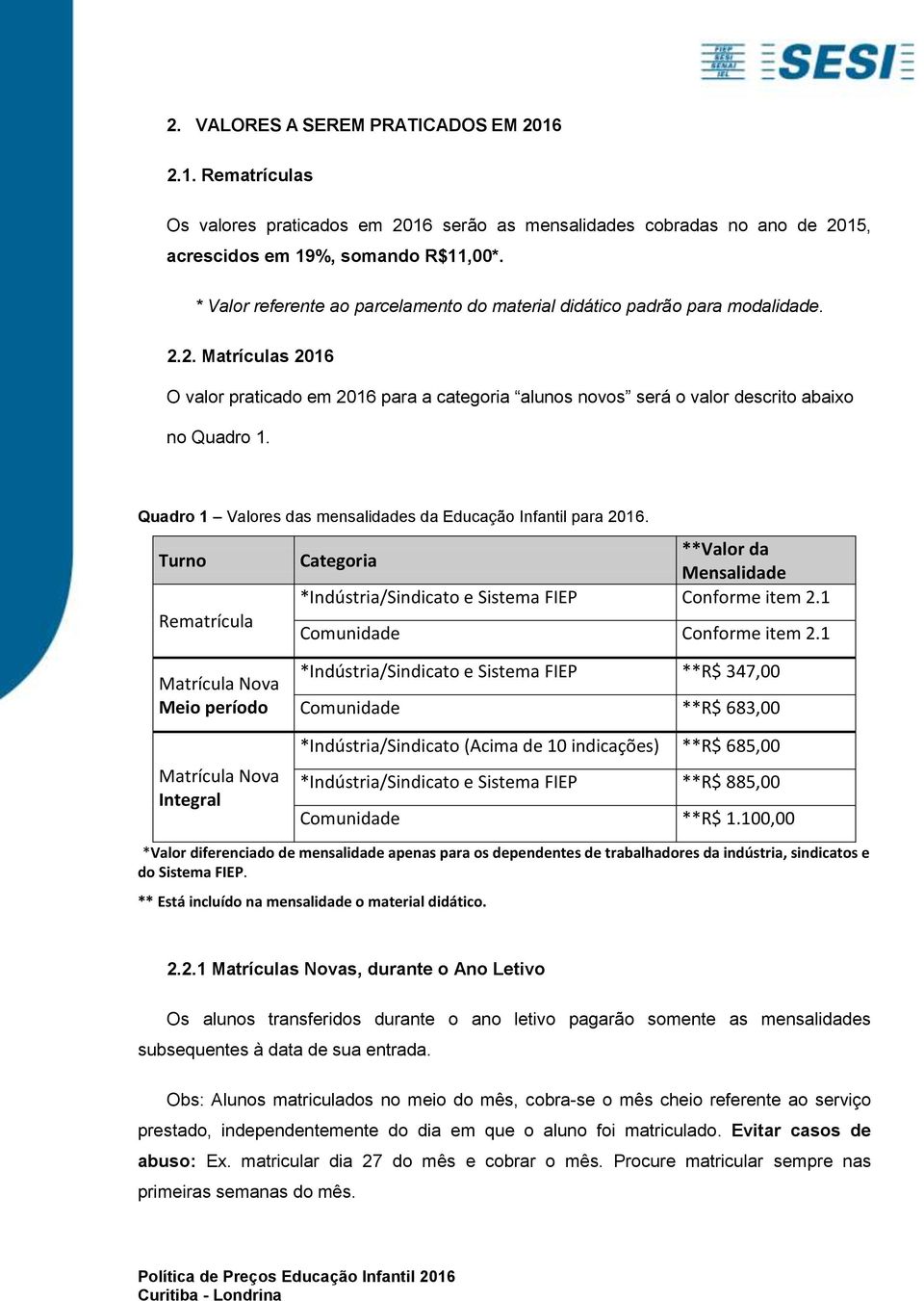 Quadro 1 Valores das mensalidades da Educação Infantil para 2016. Turno Categoria **Valor da Mensalidade *Indústria/Sindicato e Sistema FIEP Conforme item 2.1 Rematrícula Comunidade Conforme item 2.