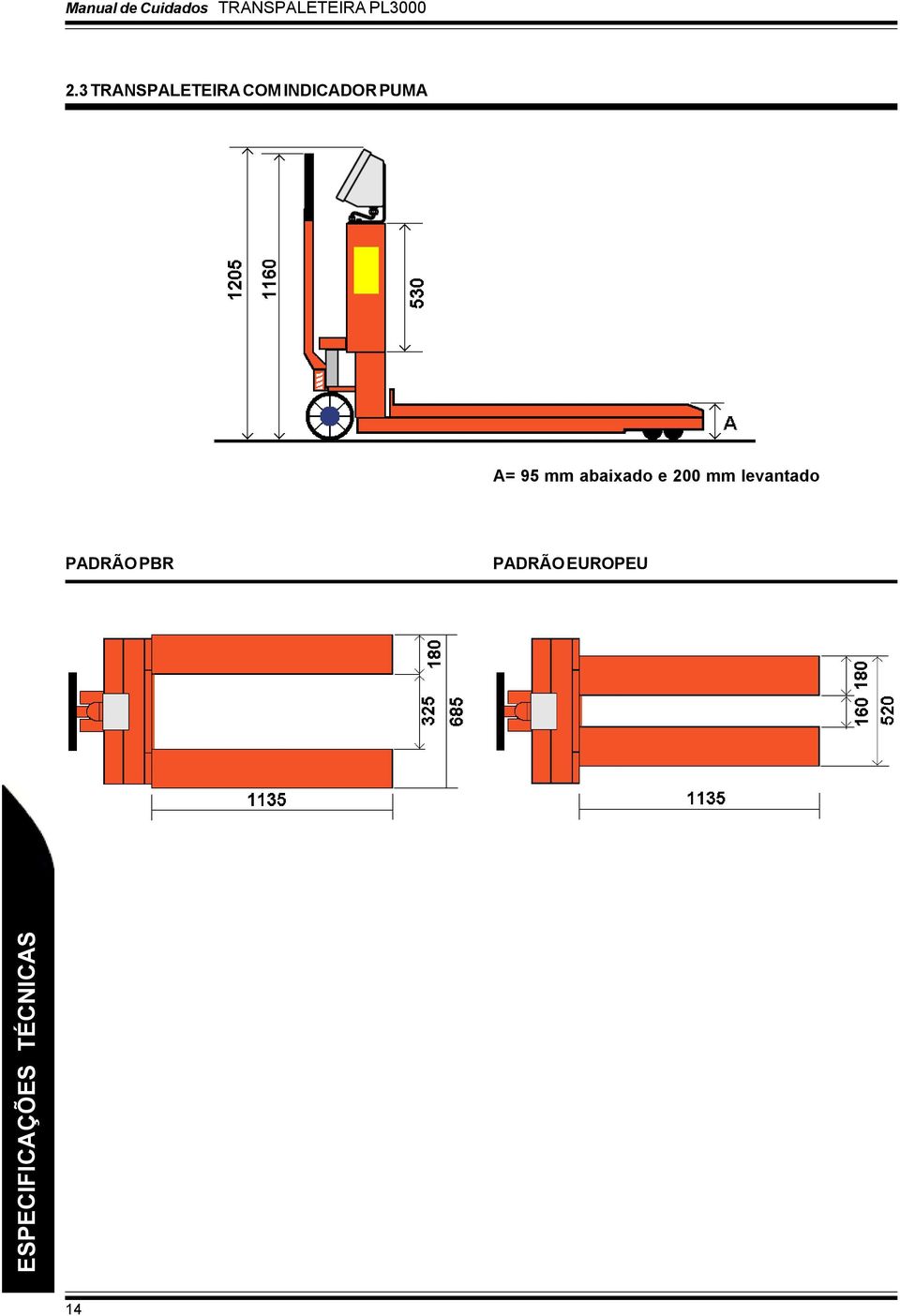 95 mm abaixado e 200 mm levantado PADRÃO