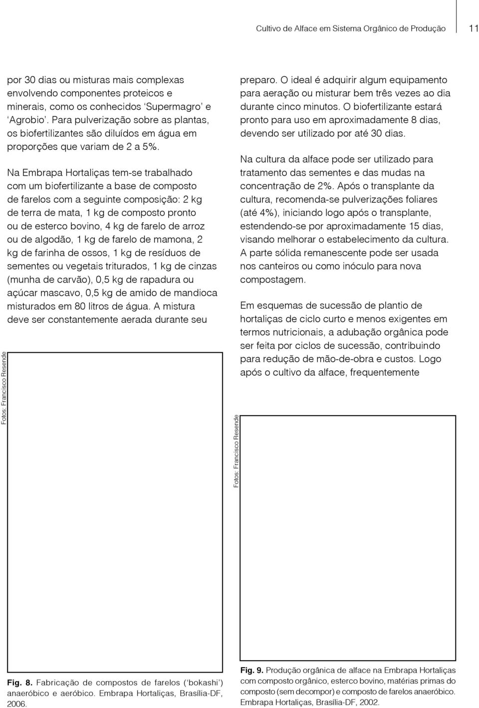 Na Embrapa Hortaliças tem-se trabalhado com um biofertilizante a base de composto de farelos com a seguinte composição: 2 kg de terra de mata, 1 kg de composto pronto ou de esterco bovino, 4 kg de