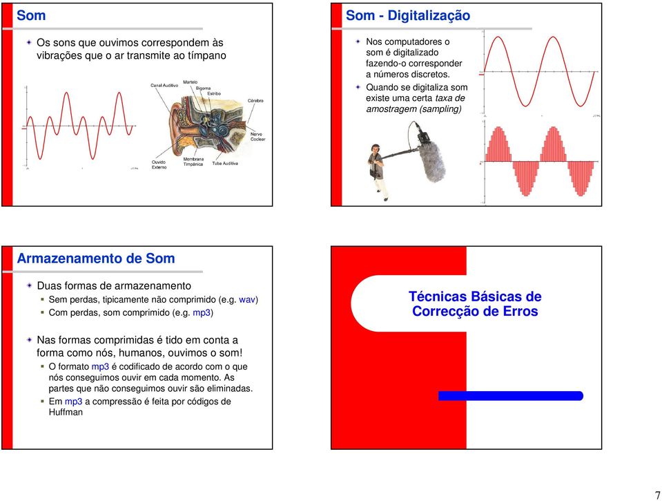 g. wav) Com perdas, som comprimido (e.g. mp3) Técnicas Básicas de Correcção de Erros Nas formas comprimidas é tido em conta a forma como nós, humanos, ouvimos o som!